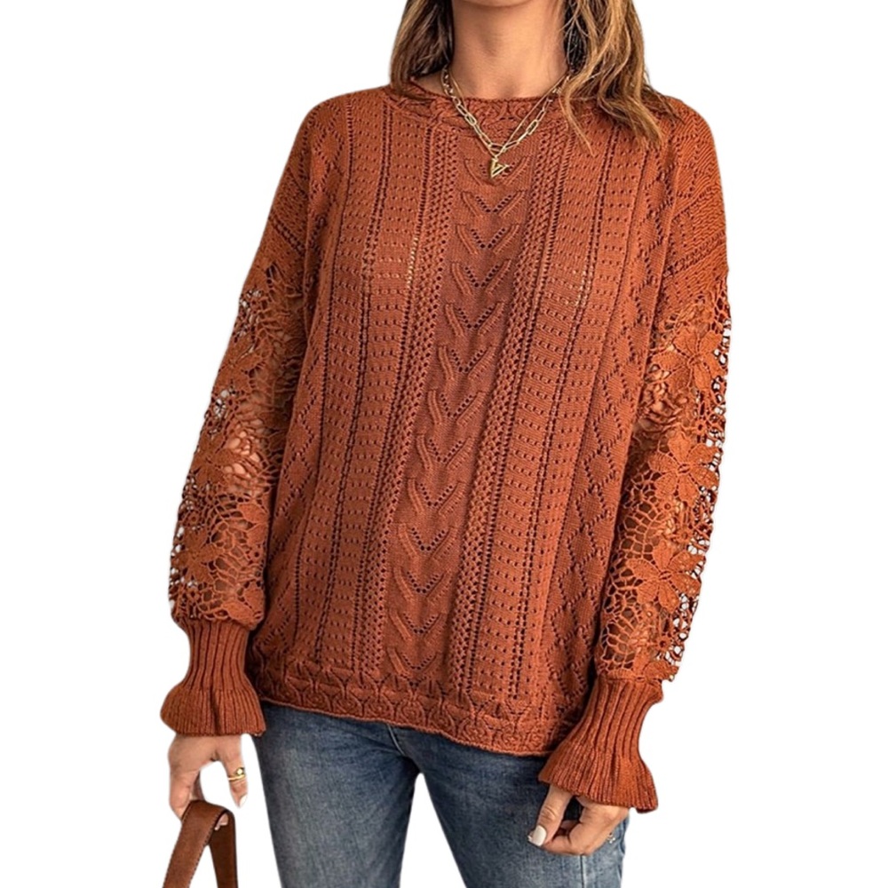 Crochet Lace Pointelle Knit‎ Hollow Out Pullover Crewneck Long Sleeve Sweater